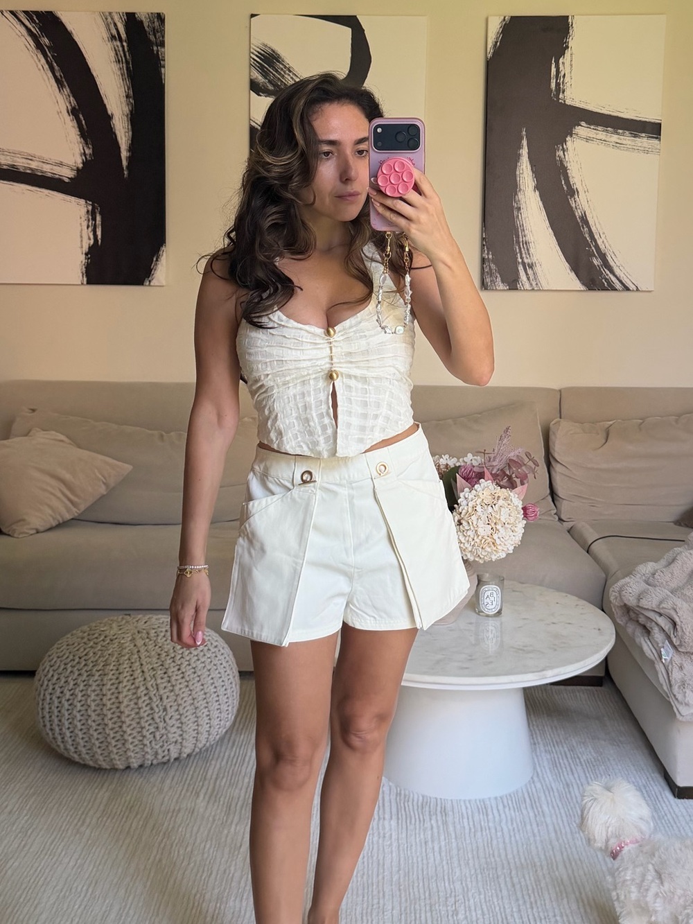 cult gaia Cream High-Waist Shorts with Gold Buttons